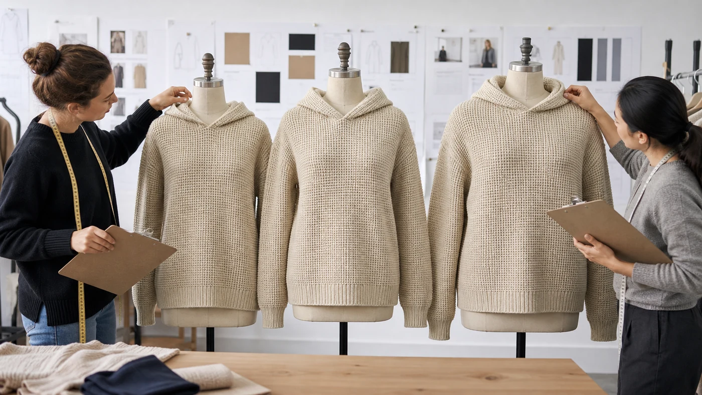 Three waffle knit hoodie sizes aligned for hood, neckline, shoulder, chest, sleeve and hem review