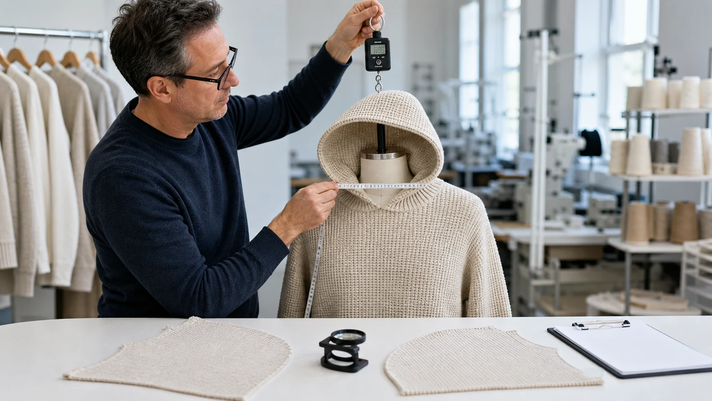 Technician checking hood volume, opening, weight and neckline balance on an oatmeal waffle knit hoodie