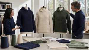 Buyer and knitwear technician reviewing three waffle knit hoodie samples with yarn, swatches and production specifications