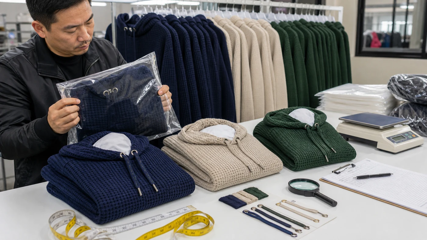 Inspector comparing a sealed waffle knit hoodie with bulk colors, trim references and hood-support packing