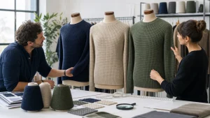 Buyer and knitwear technician reviewing three waffle knit sweater samples with yarn, swatches and production specifications
