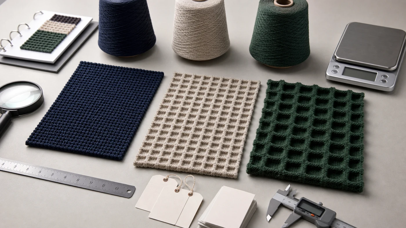Mini, standard and large waffle knit cells compared with yarn, magnifier, ruler and weight tools