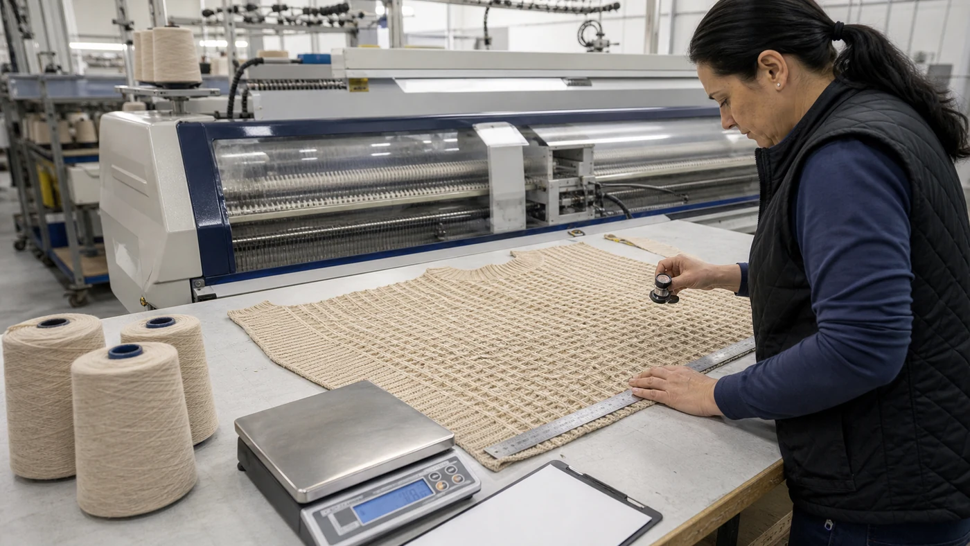 Technician checking cell repeat, dimensions and weight on an oatmeal waffle knit sweater panel