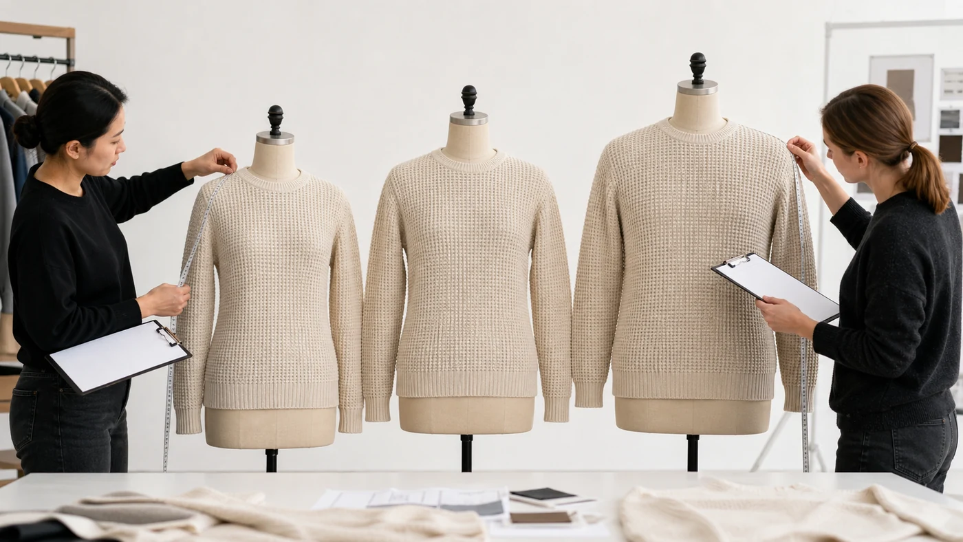 Three waffle knit sweater sizes aligned for shoulder, chest, sleeve, hem and cell-scale review
