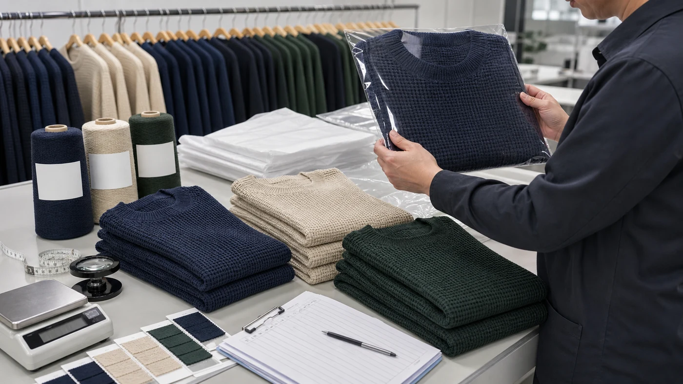 Inspector comparing a sealed waffle knit sweater with bulk colors, shade references and packing materials