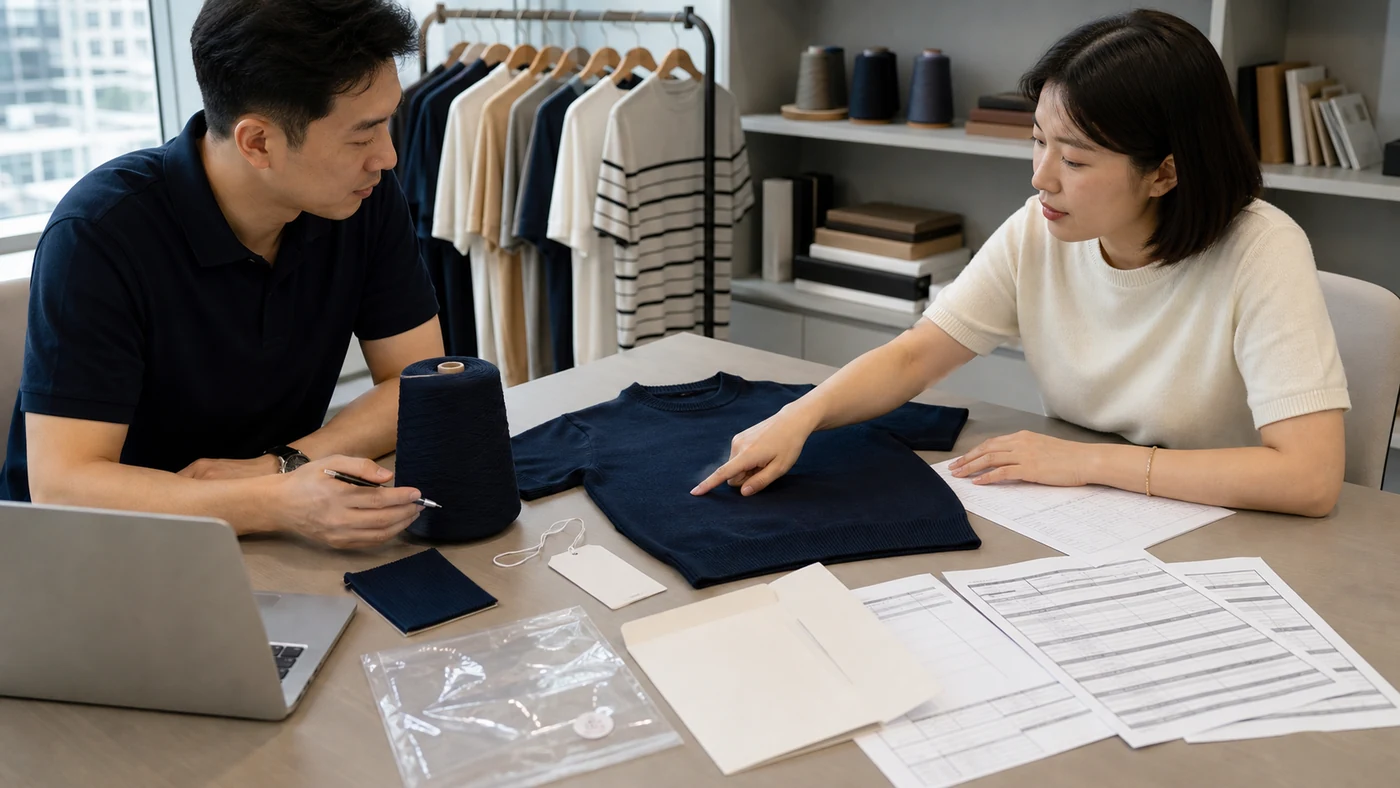 Buyer and merchandiser comparing yarn, trim, packaging and quotation components for a short sleeve cotton sweater
