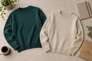 Custom crewneck sweaters in teal and oatmeal beside a notebook and gift sleeve