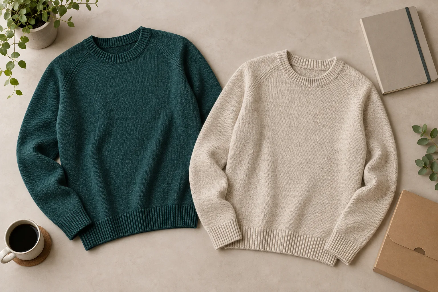 Custom crewneck sweaters in teal and oatmeal beside a notebook and gift sleeve