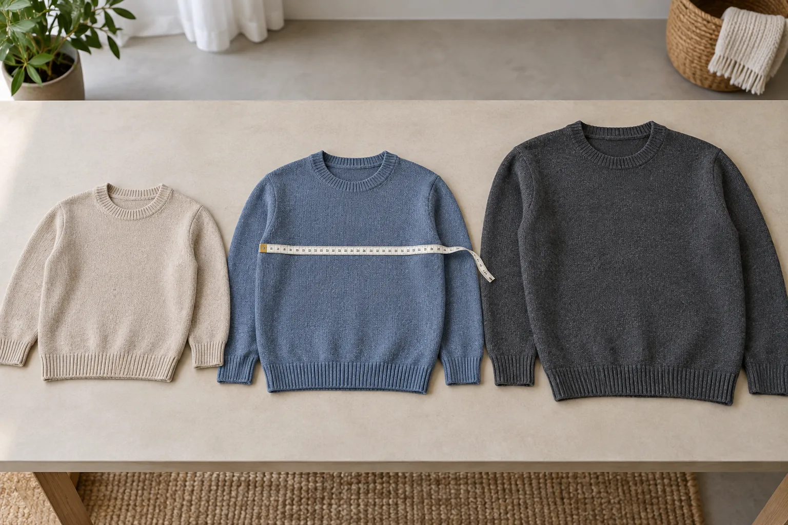 Three differently sized crewneck sweaters with a tape across the centre garment