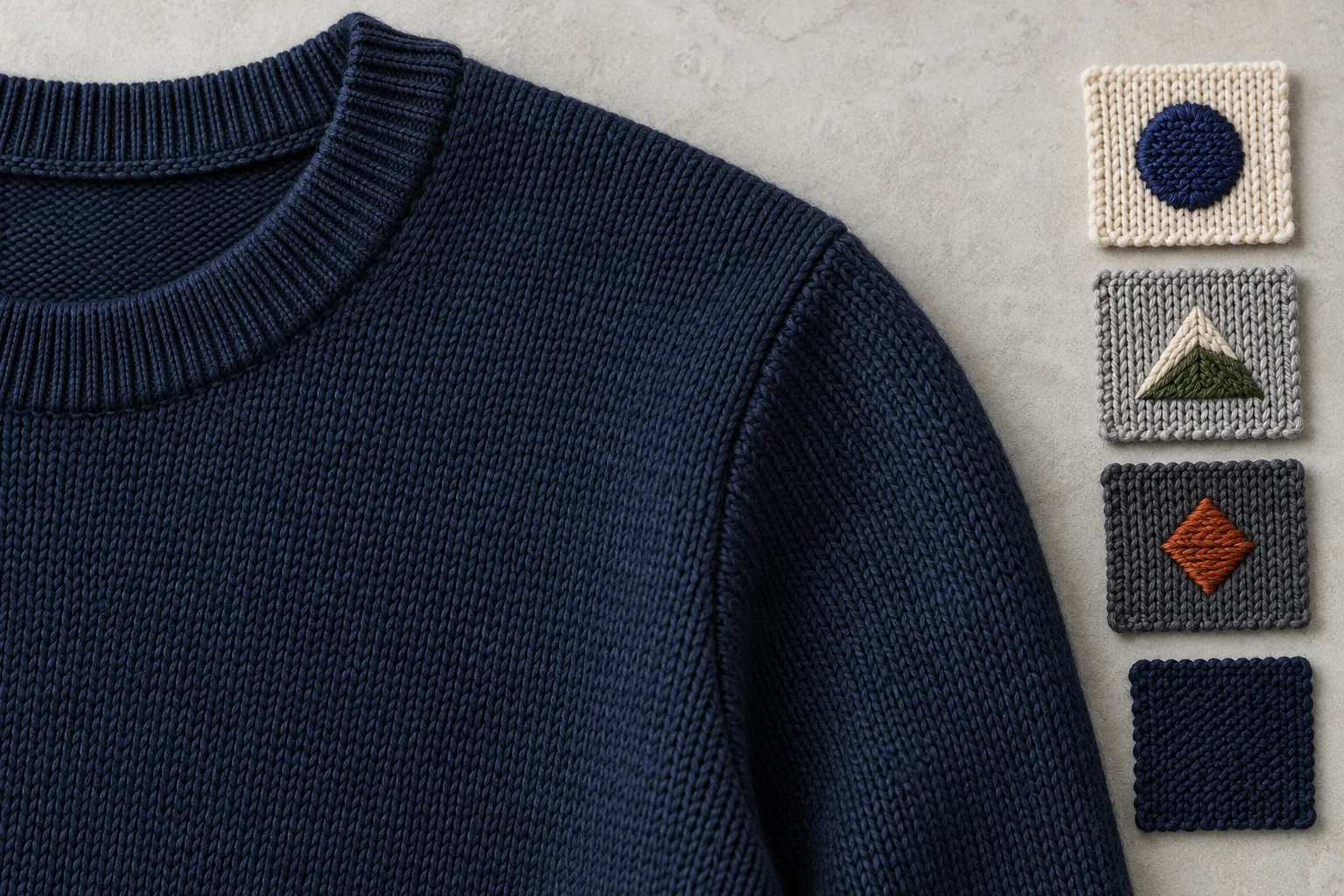 Navy crewneck shoulder beside knitted swatches with simple geometric embroidery