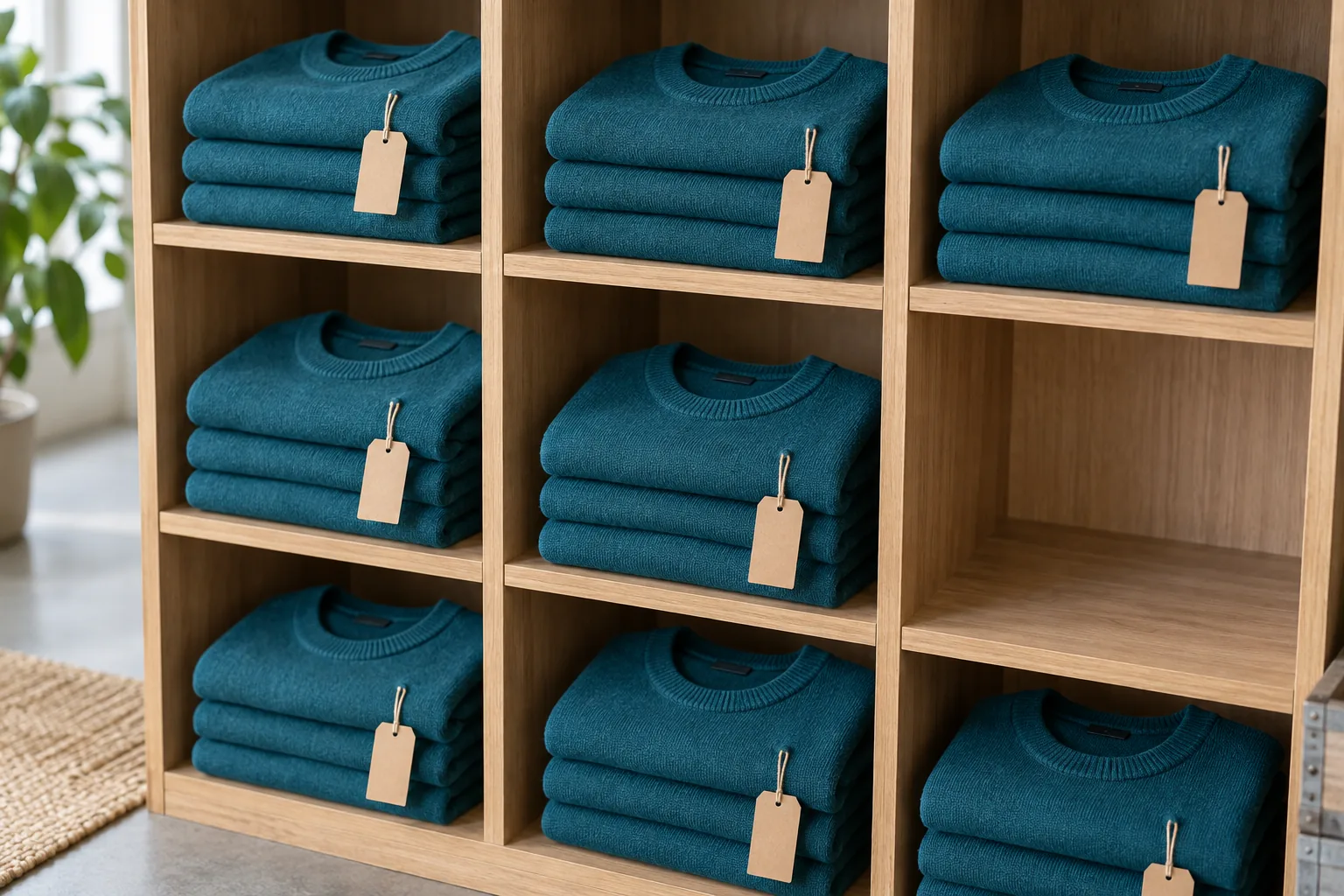 Folded teal crewneck sweaters in separate shelf cubbies with blank tags