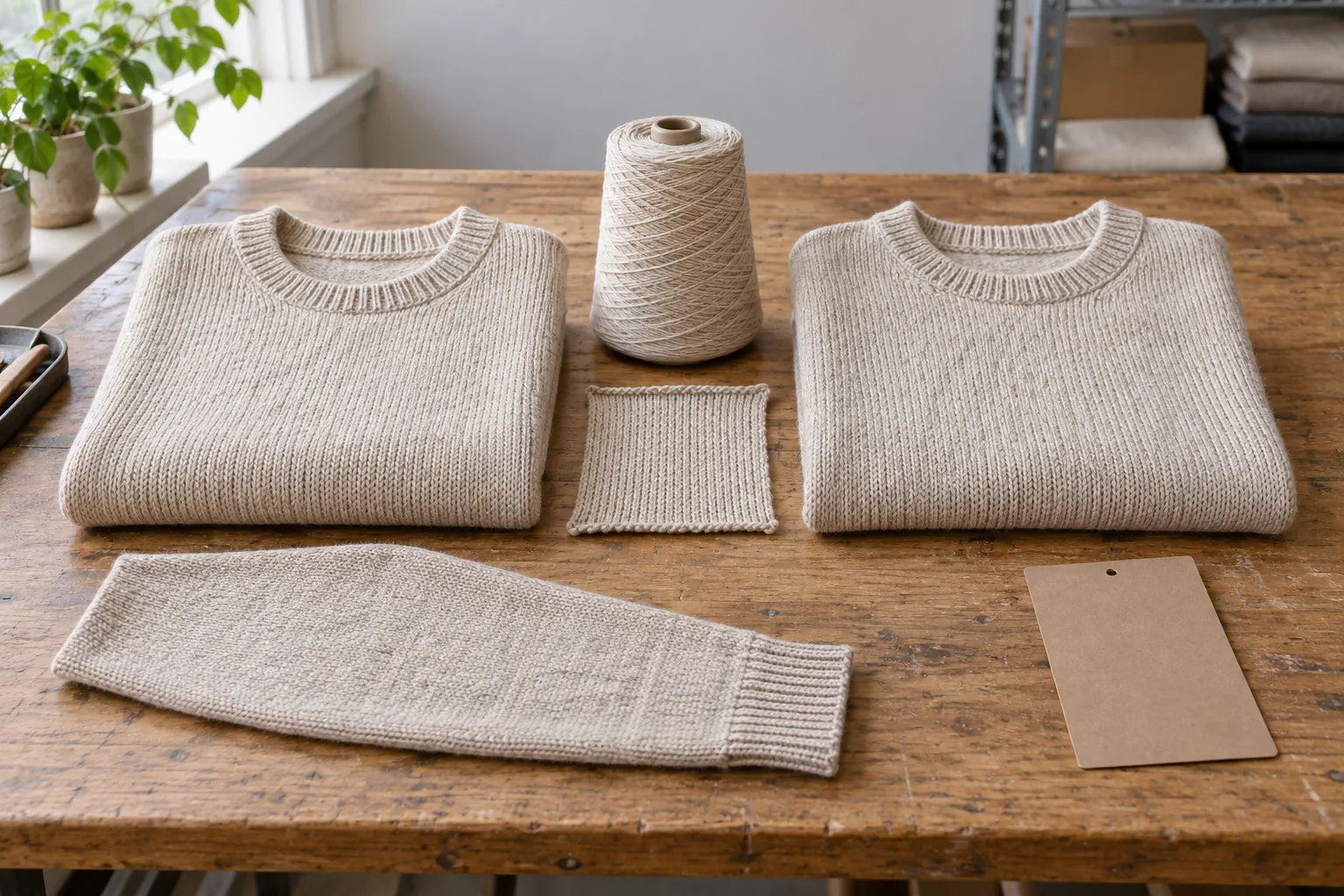 Two folded oatmeal crewnecks beside a yarn cone, knit swatches and a blank card