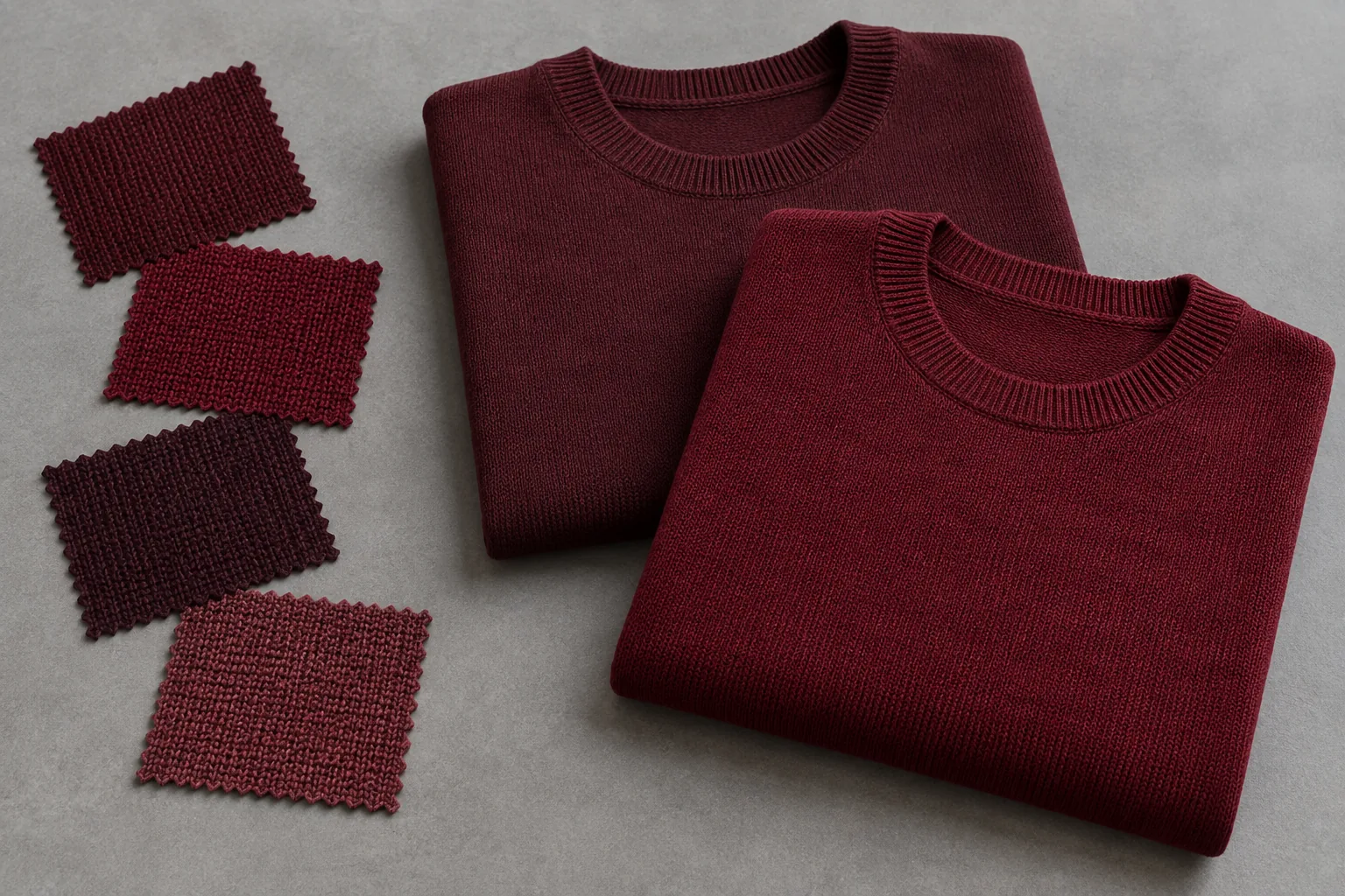 Two burgundy pullovers beside four knitted swatches in related shades