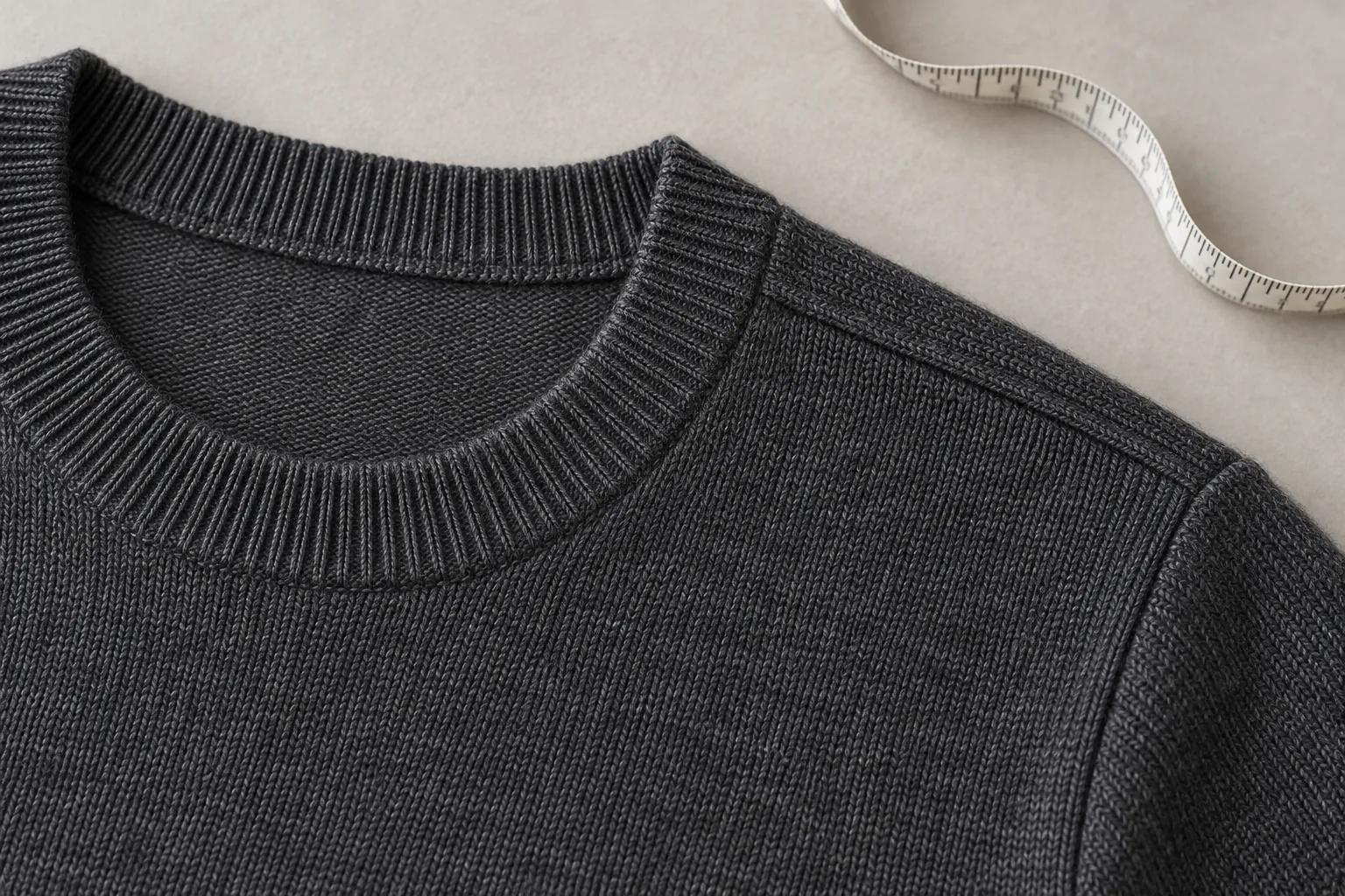 Charcoal knit neckline and shoulder seam beside a flexible measuring tape