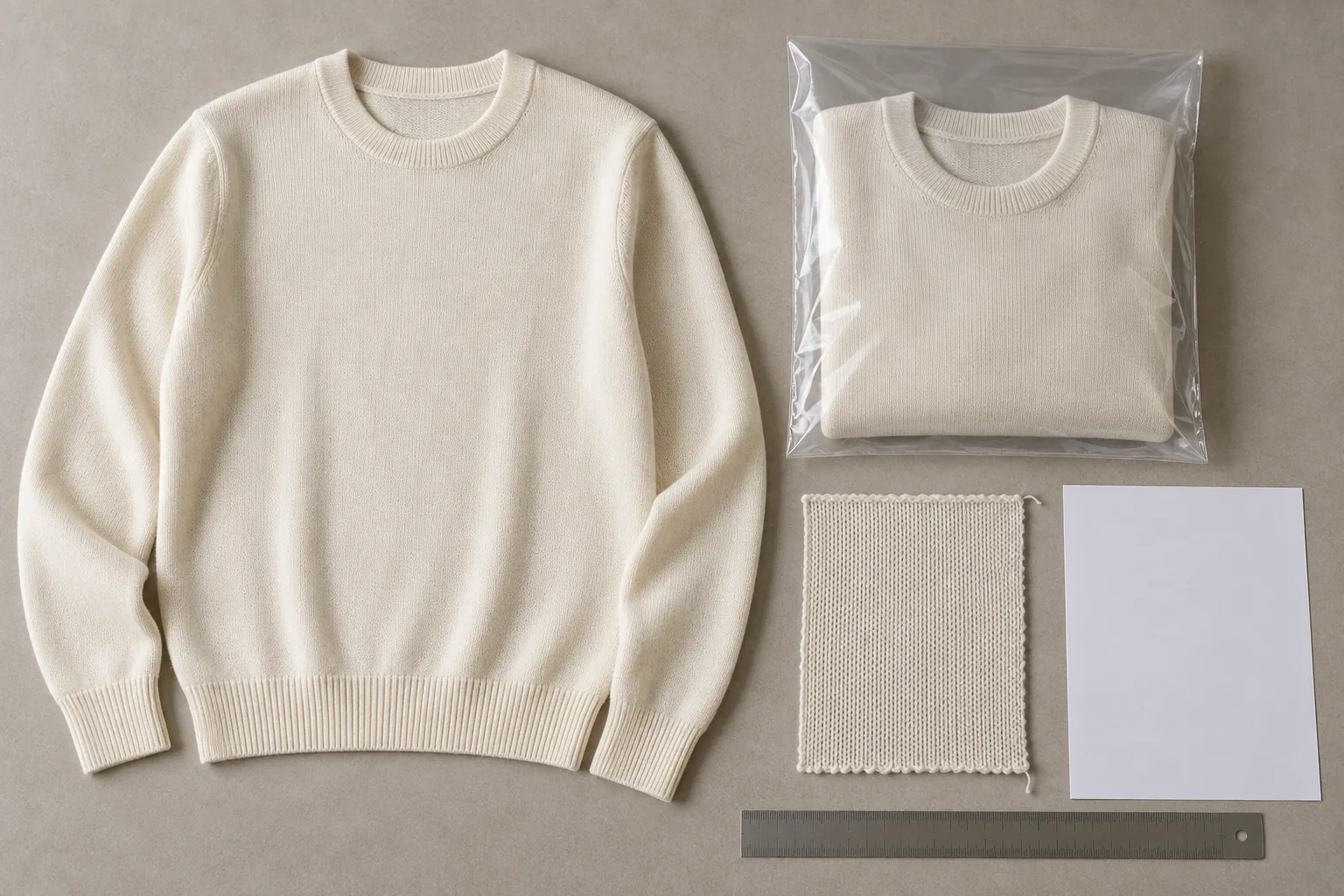 Cream pullover beside a retained sample sleeve, knit swatch and blank record sheet