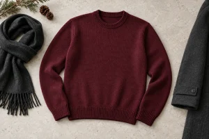 Burgundy crewneck pullover beside a charcoal scarf and winter coat