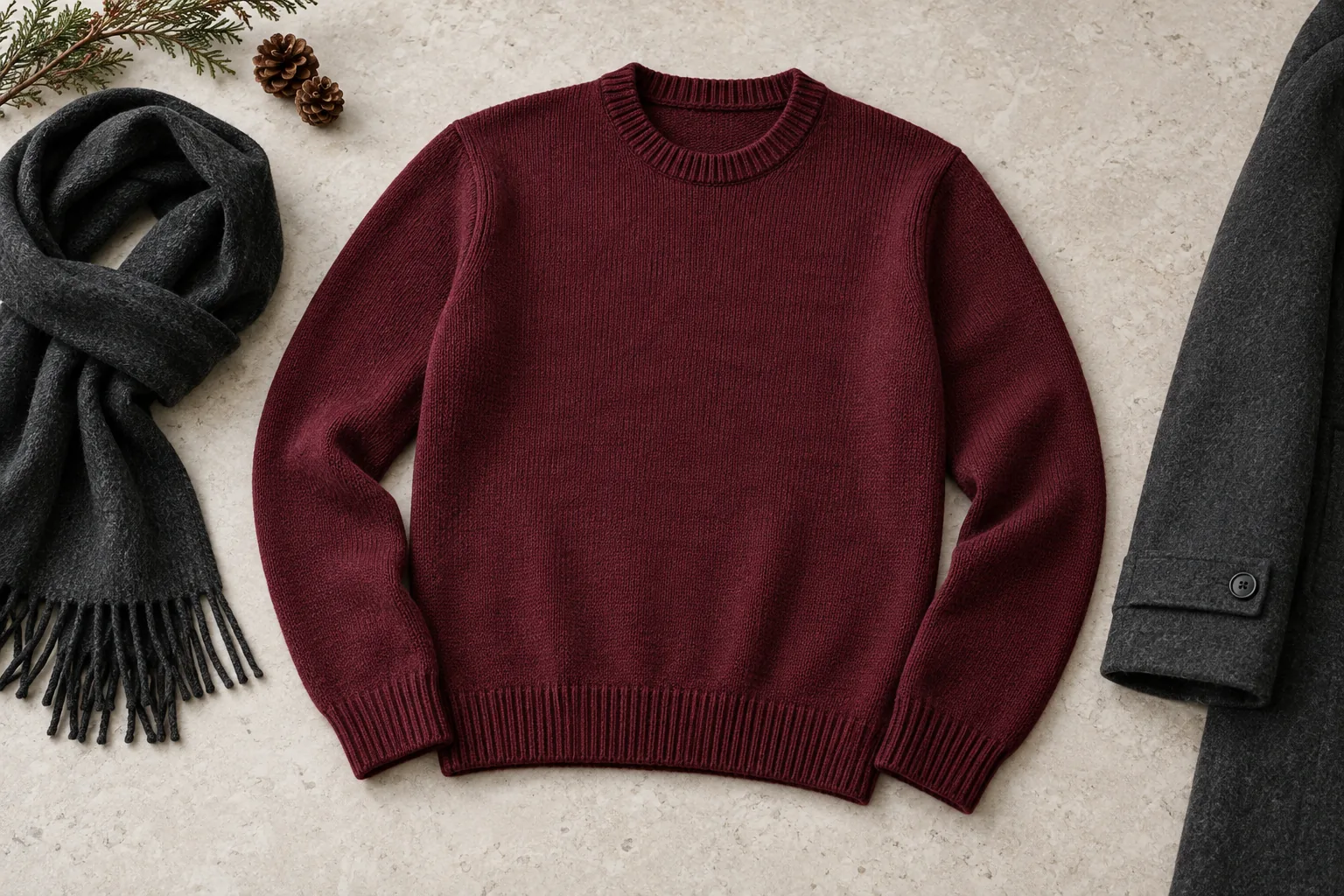 Burgundy crewneck pullover beside a charcoal scarf and winter coat