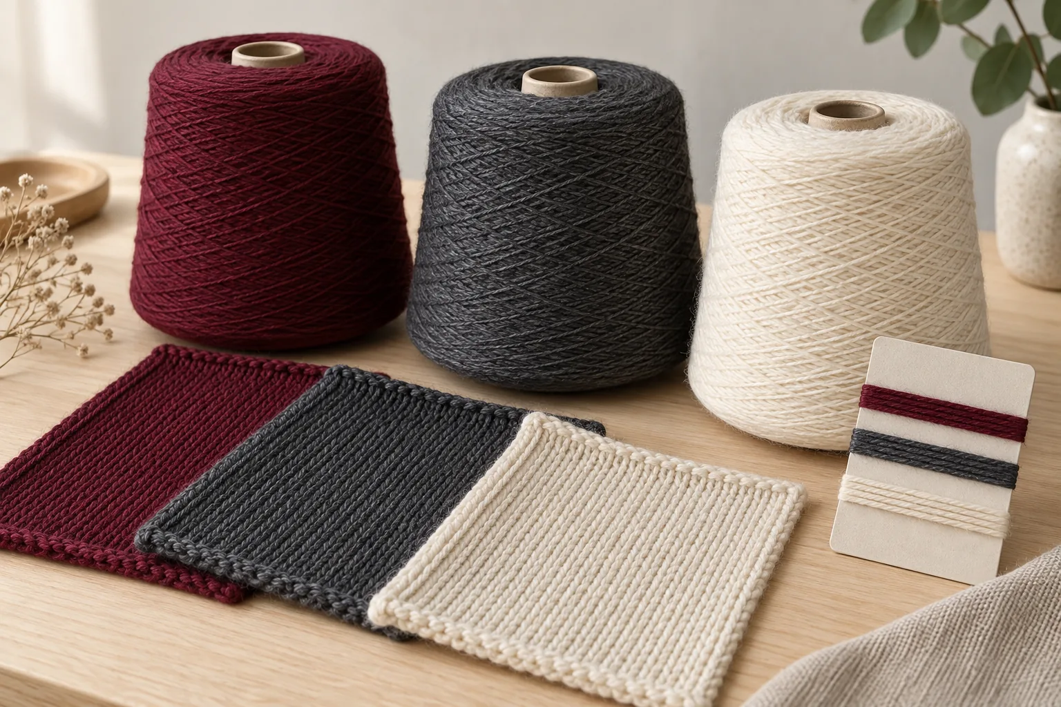 Burgundy, charcoal and cream yarn cones beside matching knitted swatches