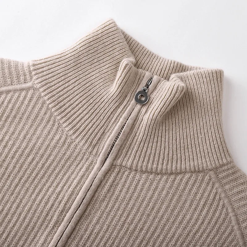 Beige knit sweater with zip stand collar, detail