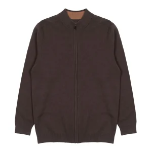 Brown full-zip knit jacket with stand collar