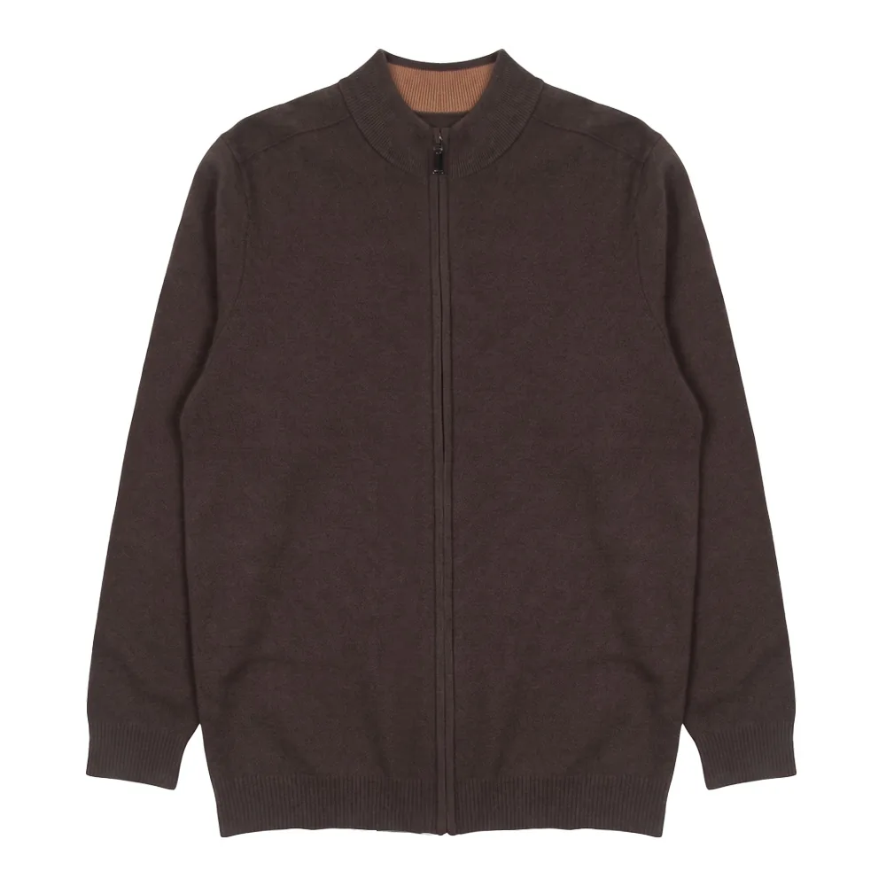 Brown full-zip knit jacket with stand collar