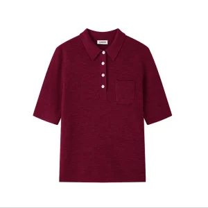 Burgundy short-sleeve knit polo with chest pocket