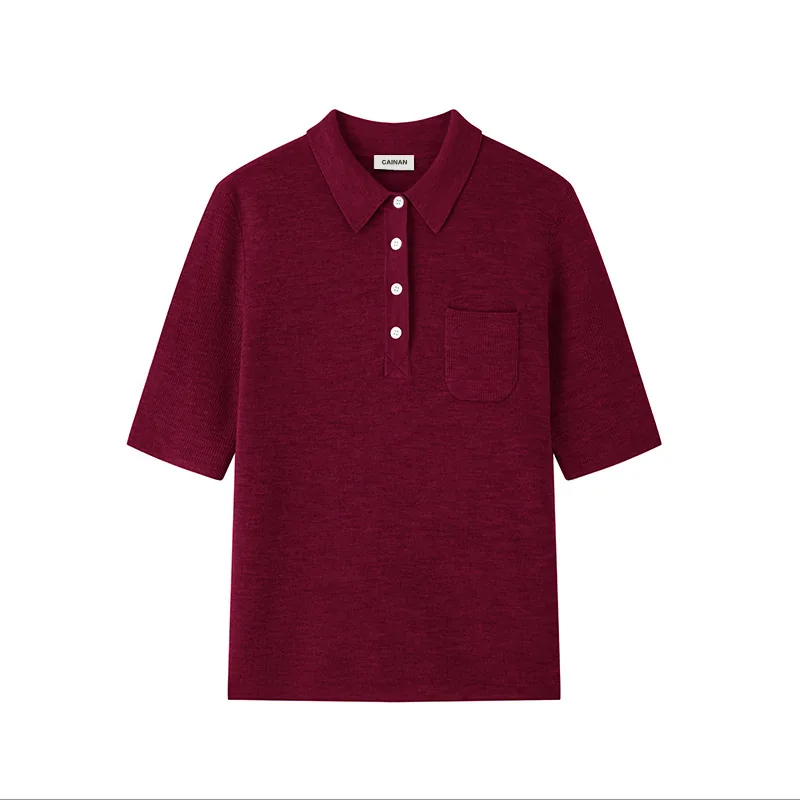 Burgundy short-sleeve knit polo with chest pocket