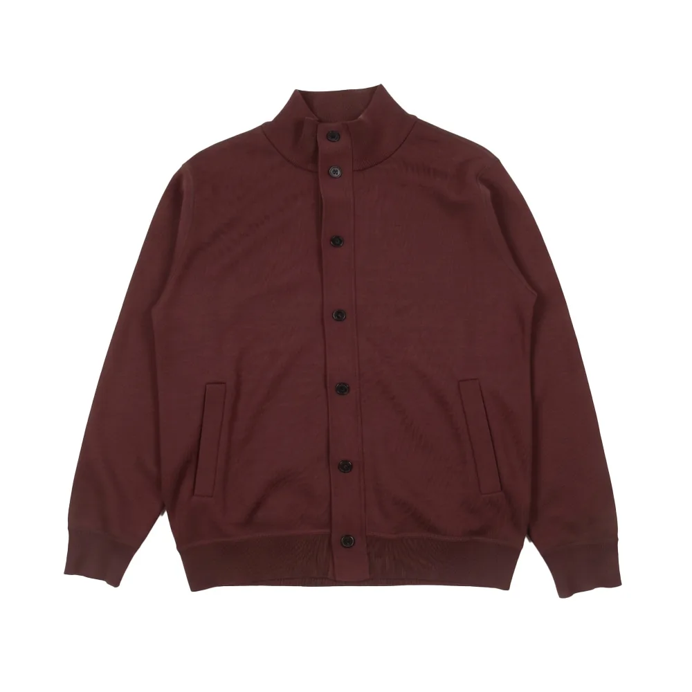 Burgundy stand-collar button-front knit cardigan