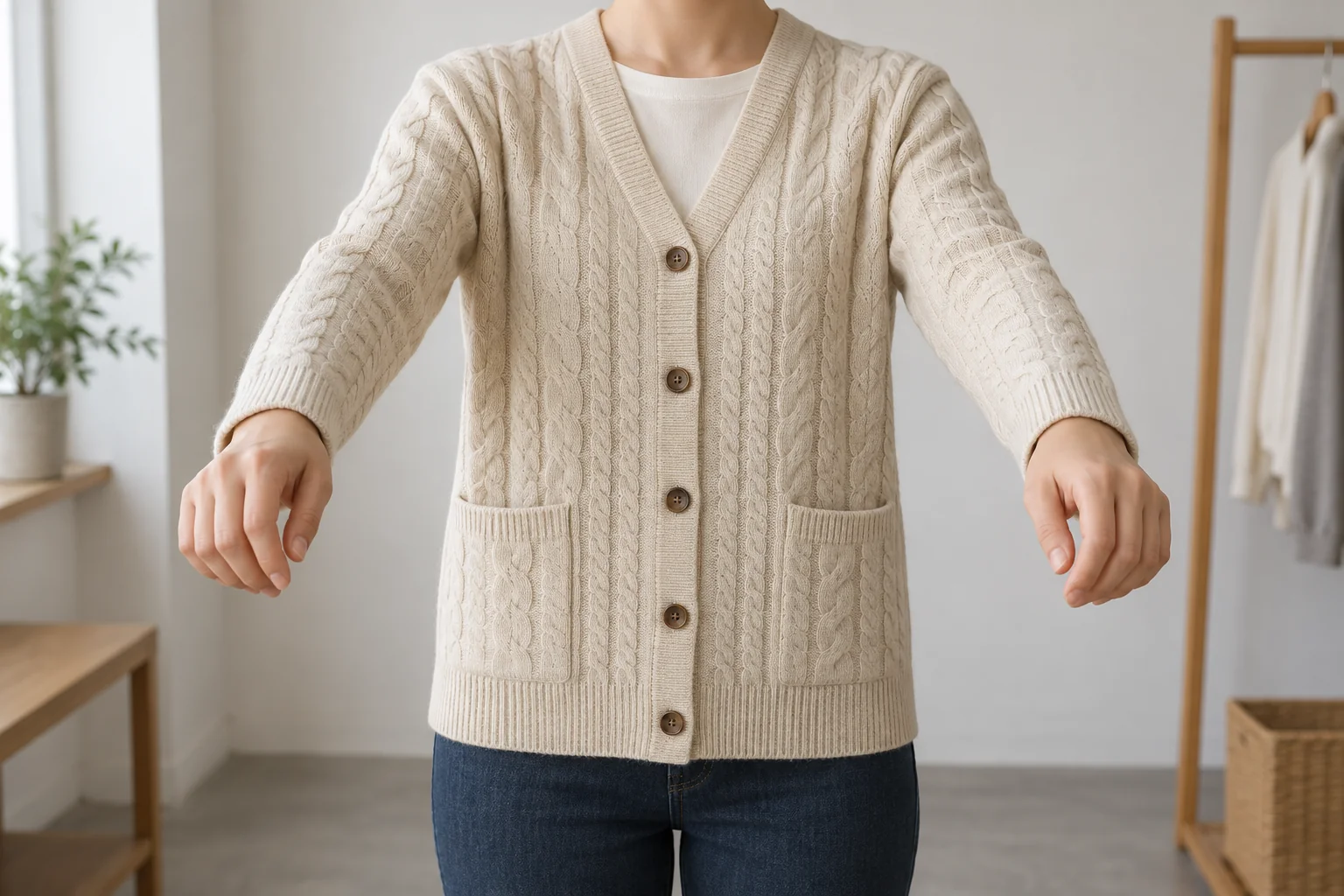 Anonymous fit model wearing a buttoned cable cardigan while reaching both forearms forward.