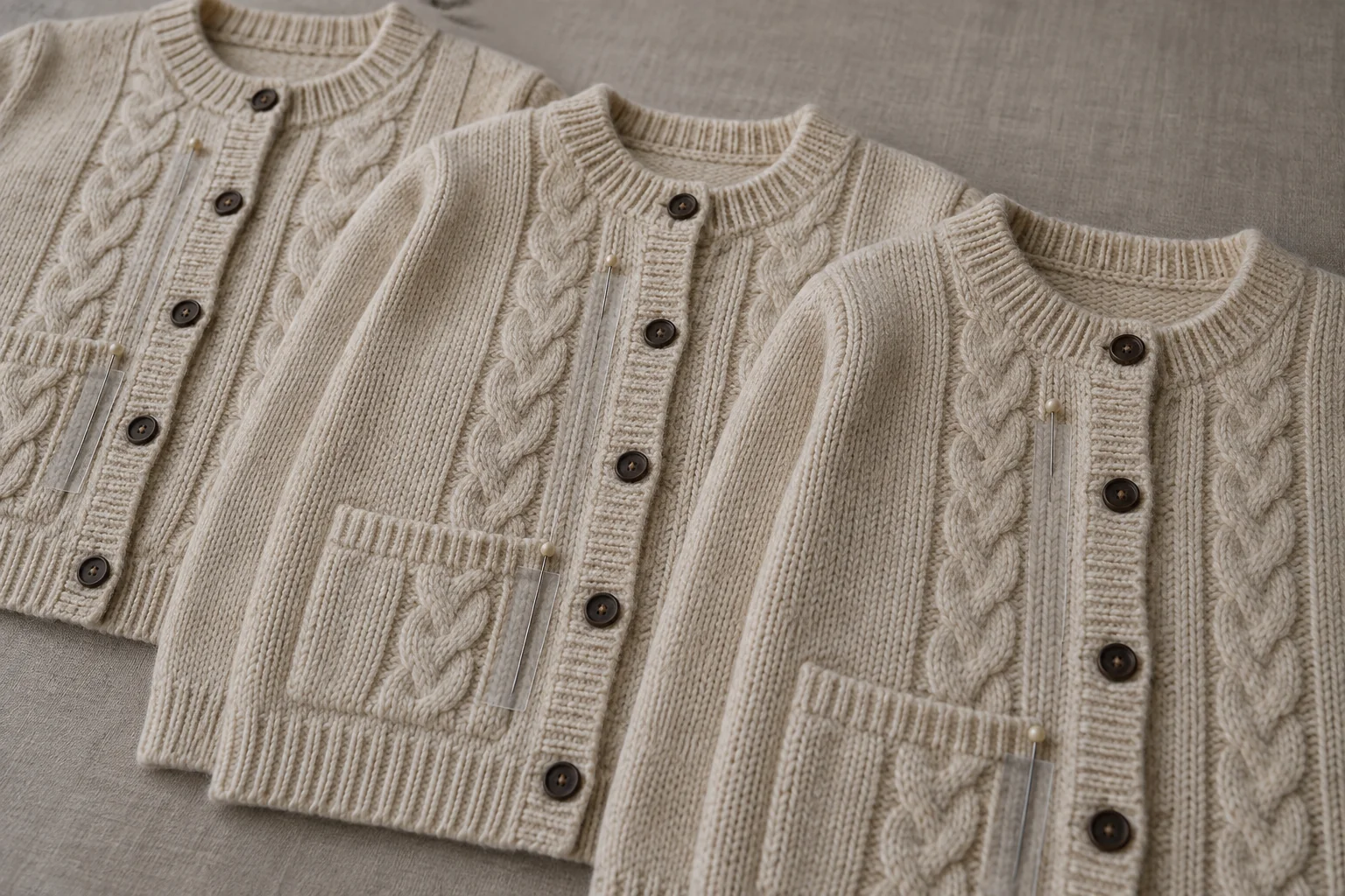 Three cable-cardigan fronts compared at the placket, neckline, pocket and hem boundaries.