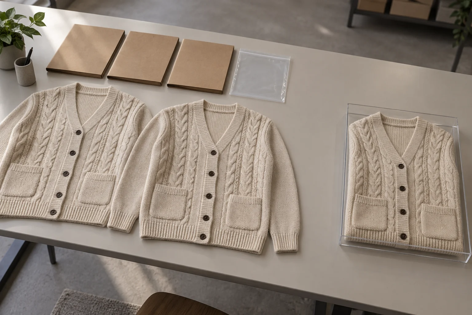 Folded cable-cardigan references and blank folders separated from one cardigan in a clear tray.