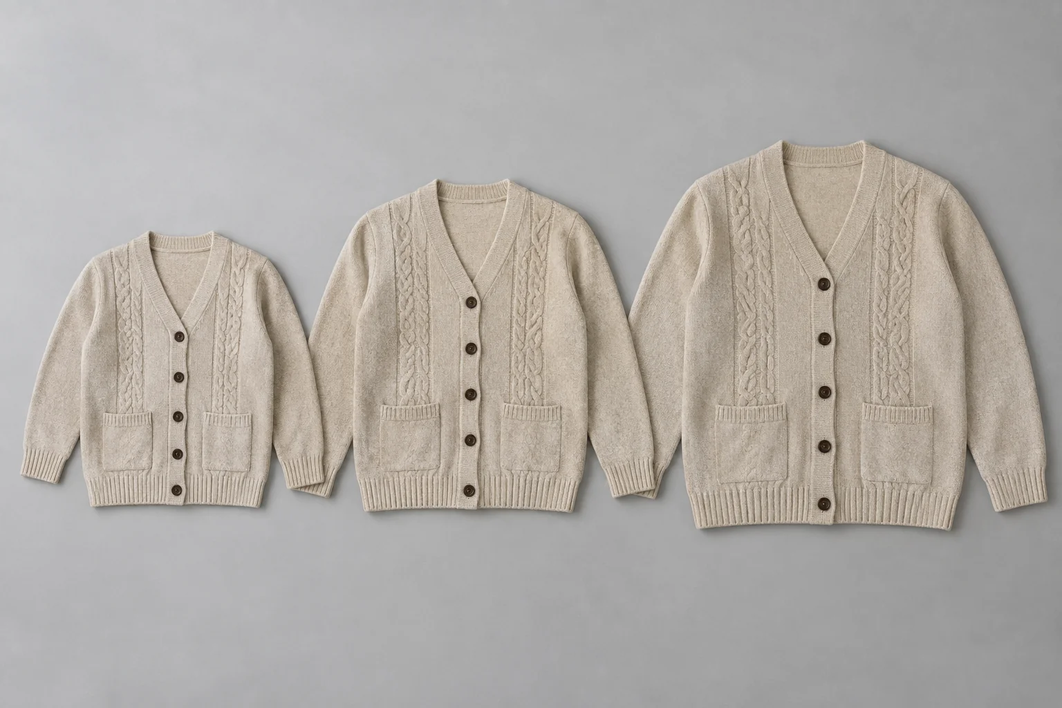 Three sizes of an oatmeal button-front cable cardigan laid flat in one aligned set.