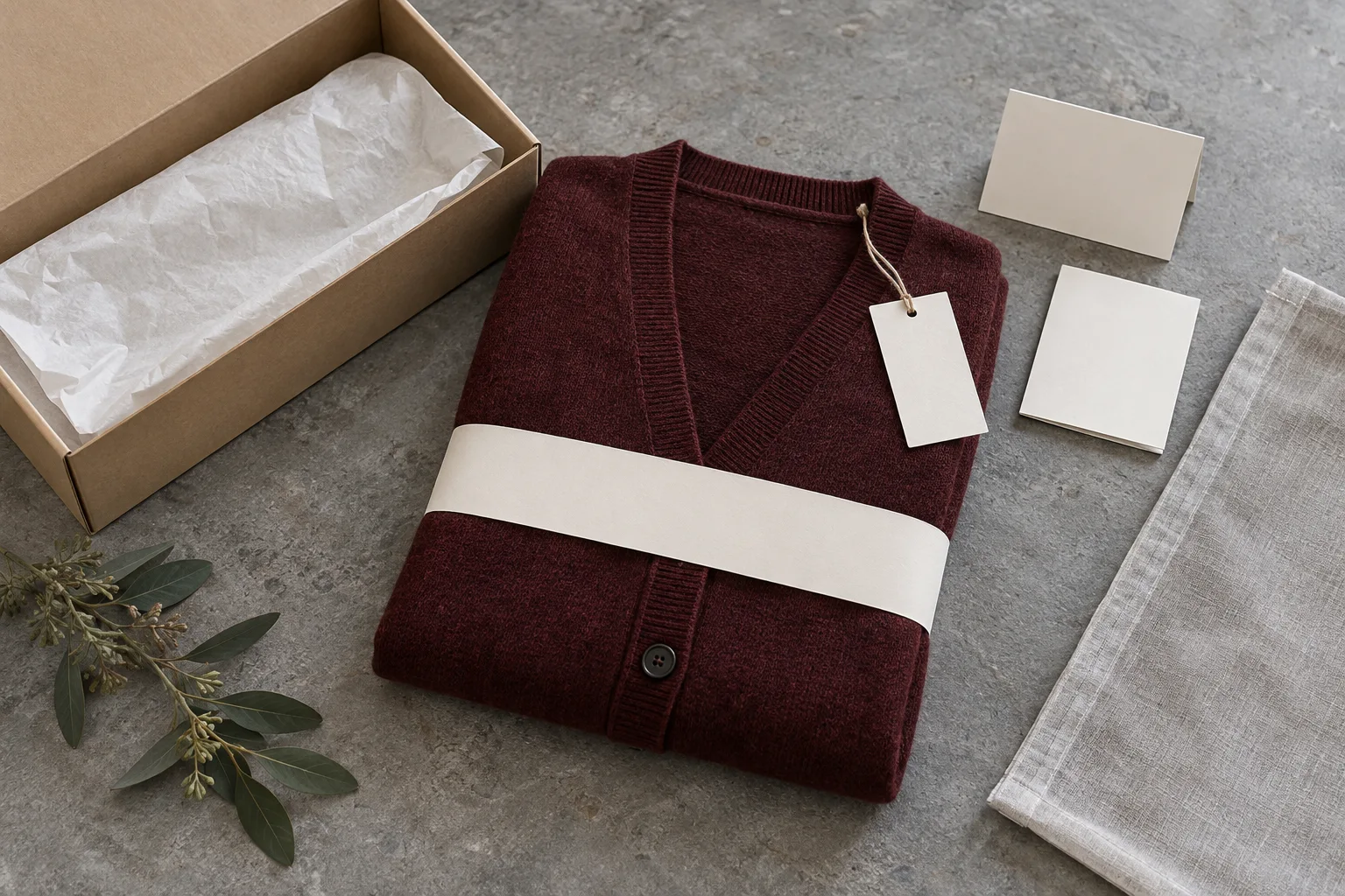Folded burgundy cardigan with a blank hangtag and bellyband beside blank insert cards and an open box
