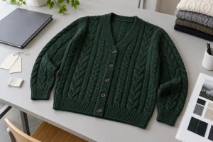 Forest green cable-knit cardigan laid beside a closed binder and blank tags on a grey table
