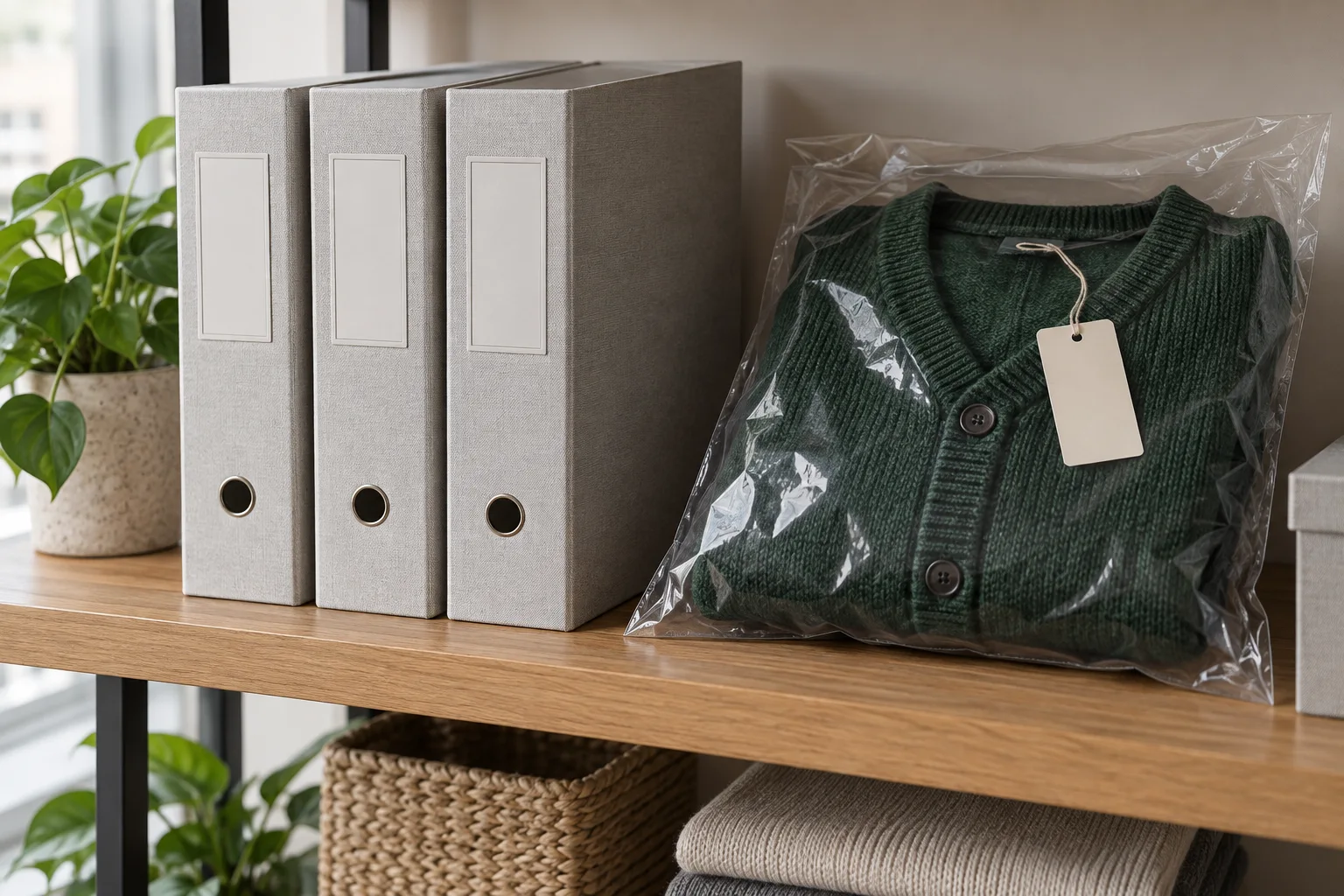 Three blank-spine binders beside a green cardigan in a clear protective bag on a wooden shelf