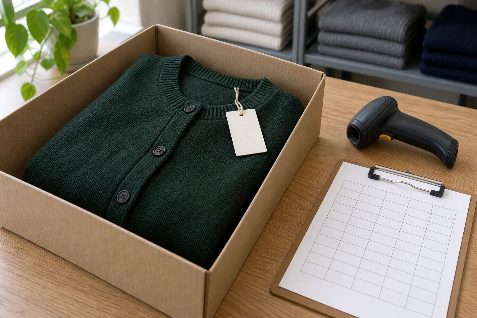 Folded green cardigan in a carton beside an unbranded handheld scanner and empty grid on a clipboard