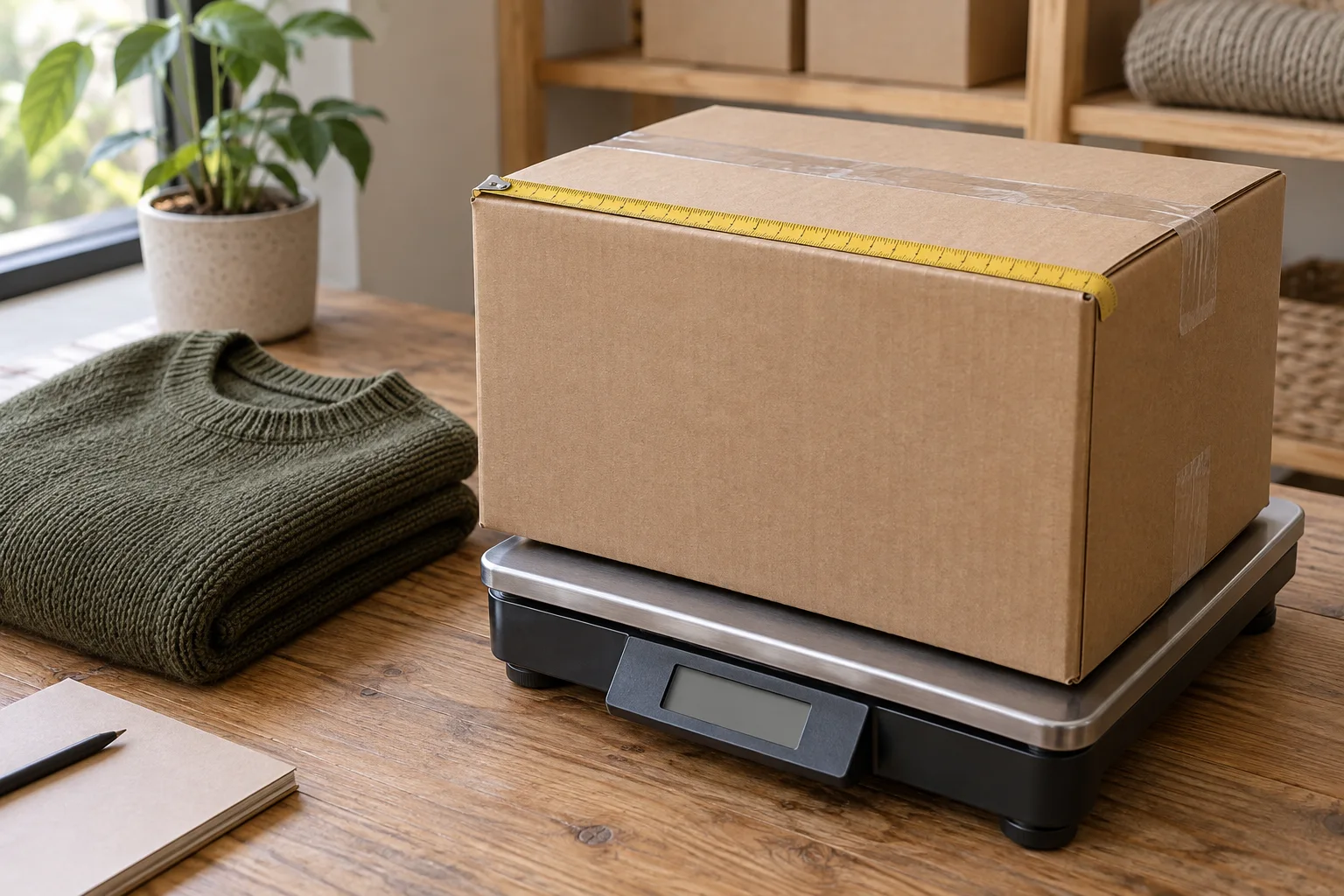 Sealed carton on a platform scale with an unlit display and a tape across its top