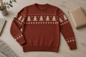 Brick-red crew-neck sweater with cream tree motifs beside a plain paper sleeve
