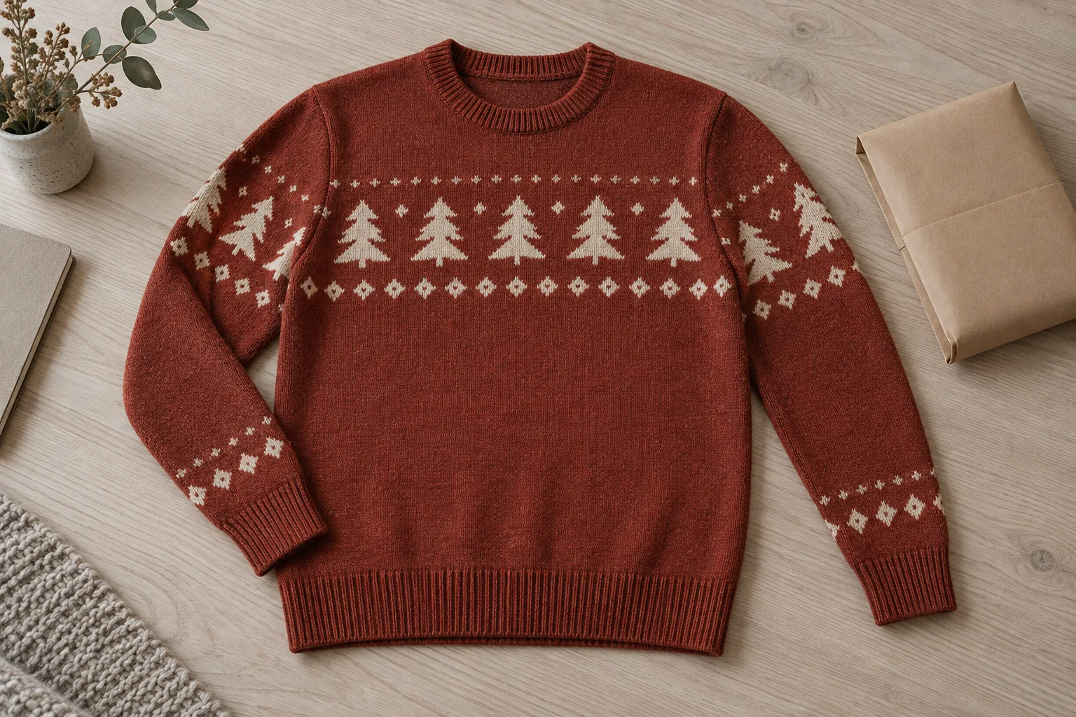 Brick-red crew-neck sweater with cream tree motifs beside a plain paper sleeve