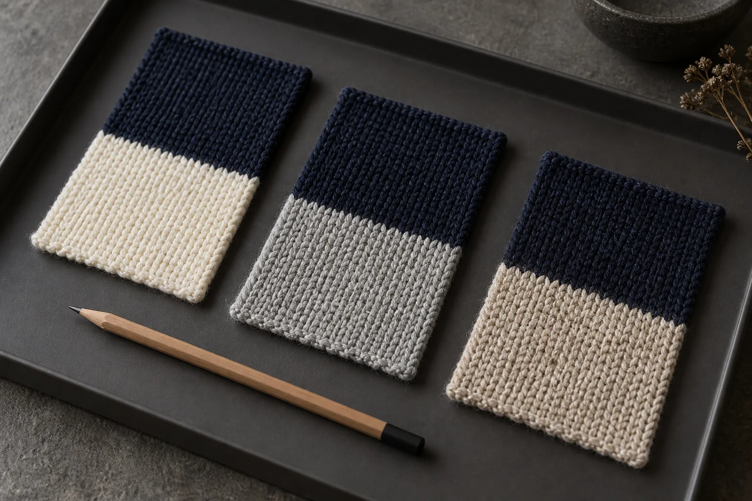 Three navy knit swatches joined to cream, grey and oatmeal regions on a dark tray