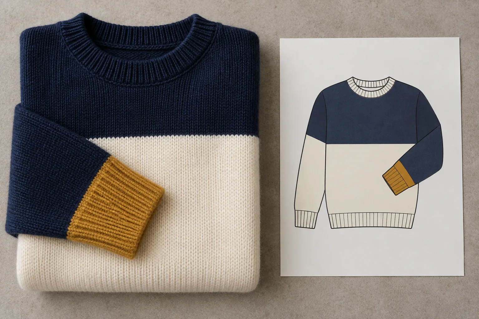 Folded navy and cream sweater with an ochre cuff beside a colour layout drawing