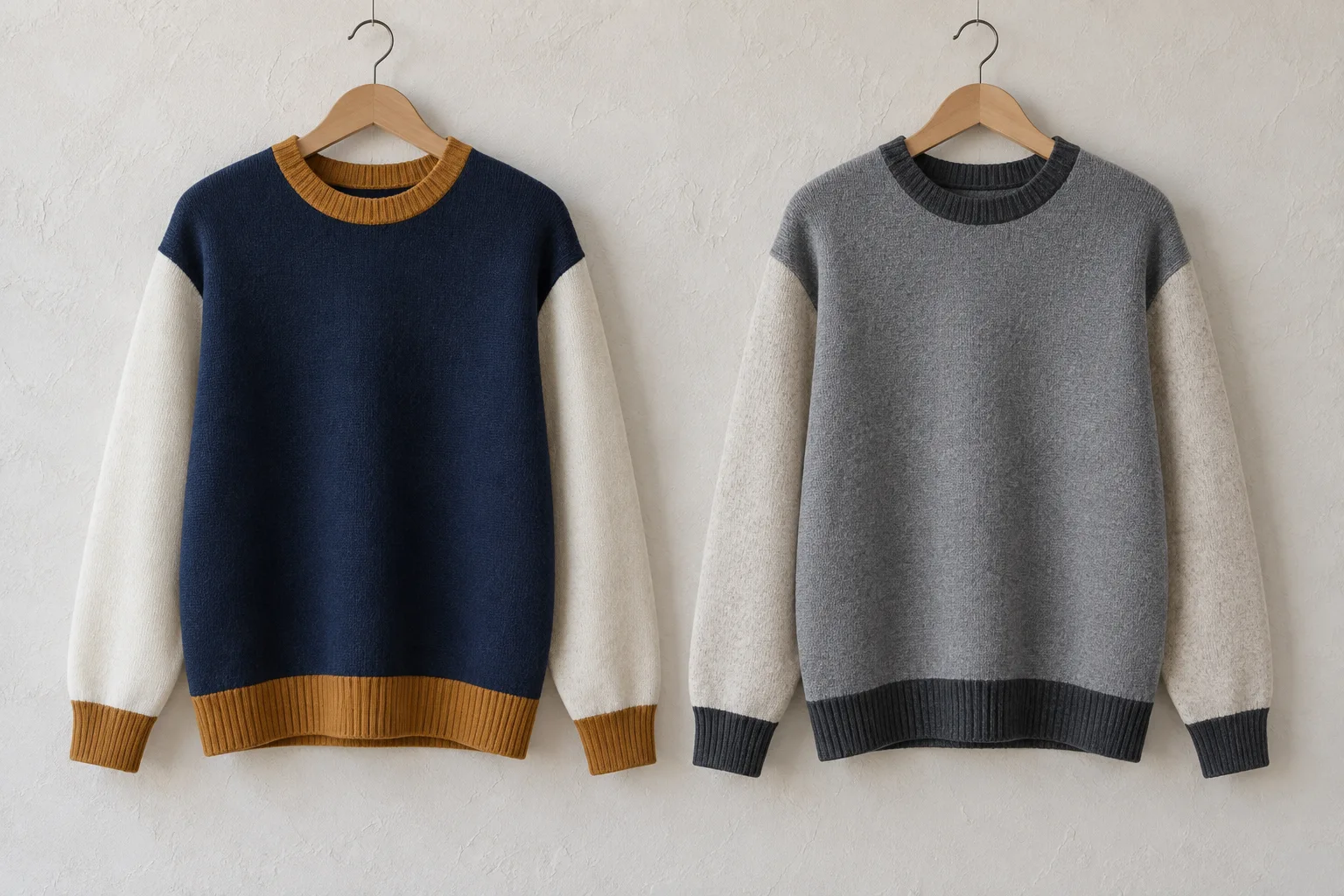 Navy and grey colorblock pullovers with contrasting sleeves hanging side by side