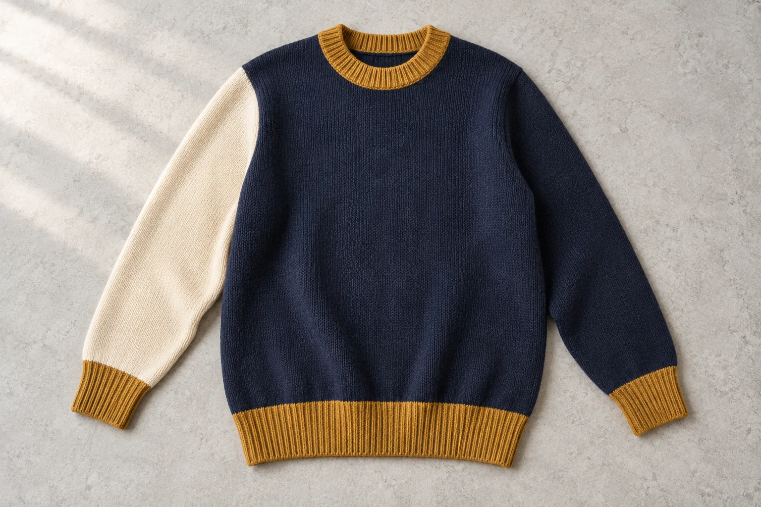 Navy pullover with one cream sleeve and ochre rib trims on a pale surface