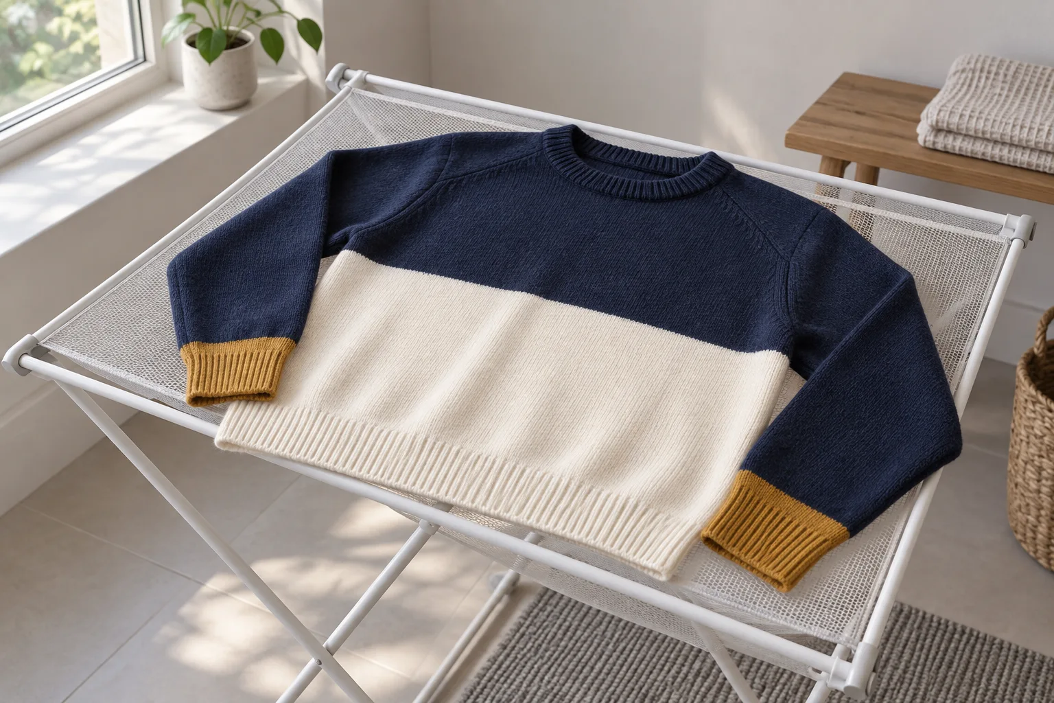Navy and cream pullover with ochre cuffs lying on a mesh drying rack