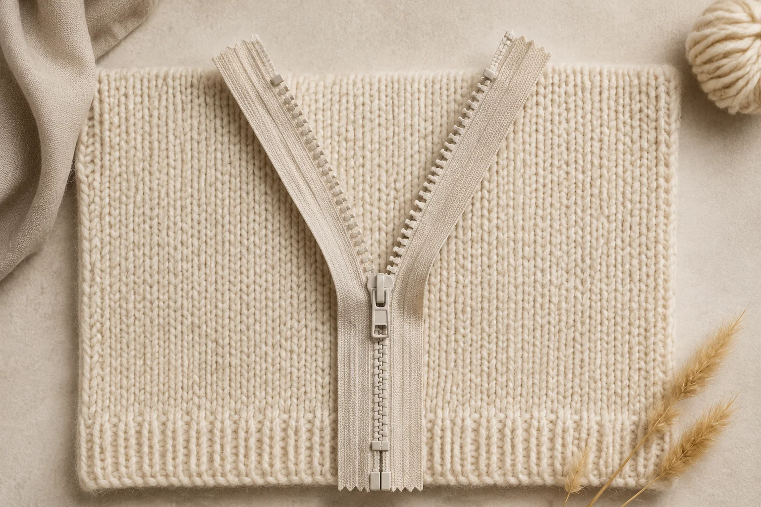 Unbranded zipper with visible tape, elements and slider on a knitted panel.