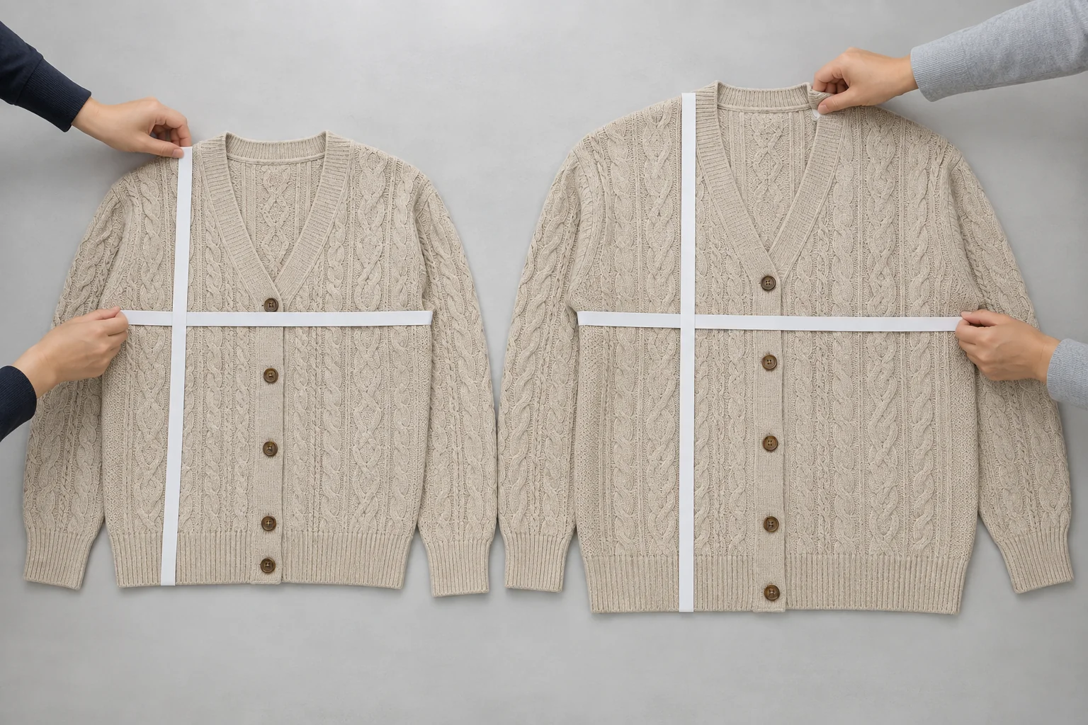 Two cable cardigans laid flat while technicians place measuring tapes at matching reference points.