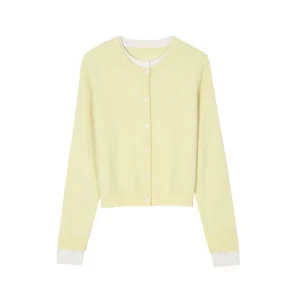 Cropped fitted knit cardigan in pale yellow with contrast trim