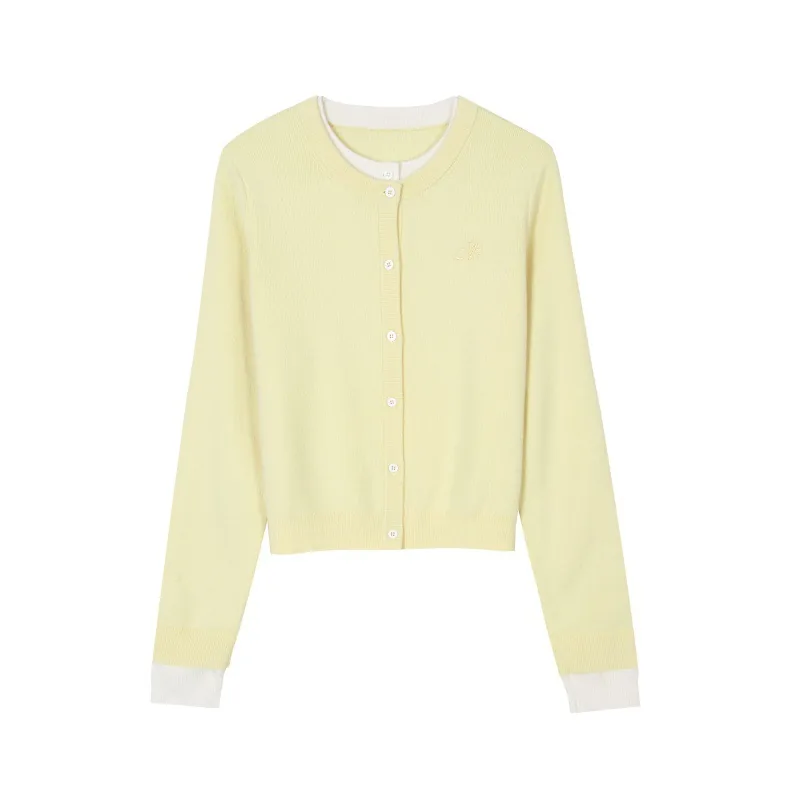 Cropped fitted knit cardigan in pale yellow with contrast trim