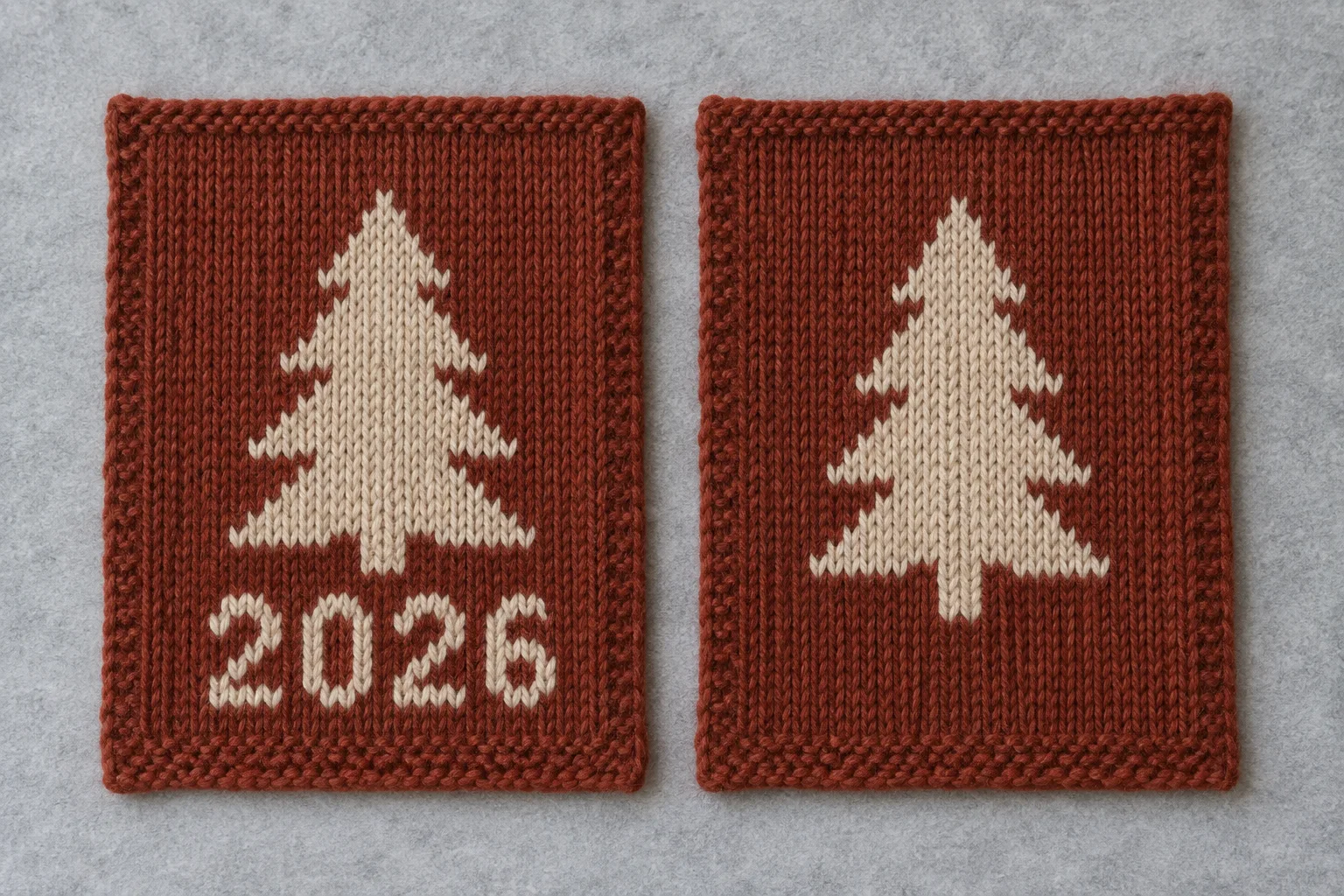 Two red tree-motif knit panels, one with the year 2026 and one without numerals