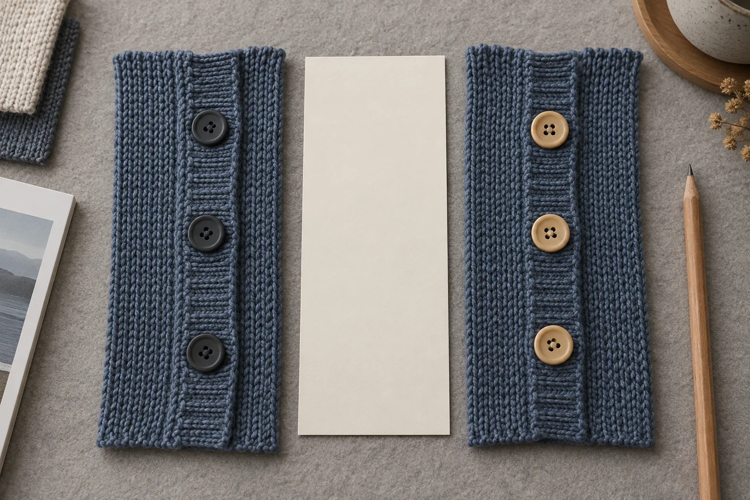 Two blue ribbed cardigan plackets with dark and tan buttons beside blank paper